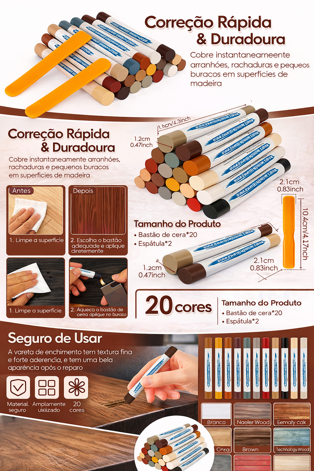 Kit de Reparo para MDF com Bastões de Cera (20 Cores)